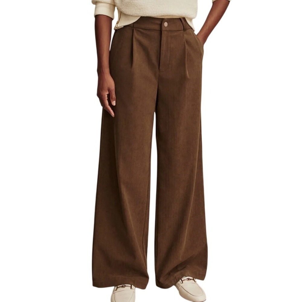 VARLEY Rocio Wide Leg 29.5 Pleated Pants NEEDLECORD Corded Corduroy Brown SIZE S